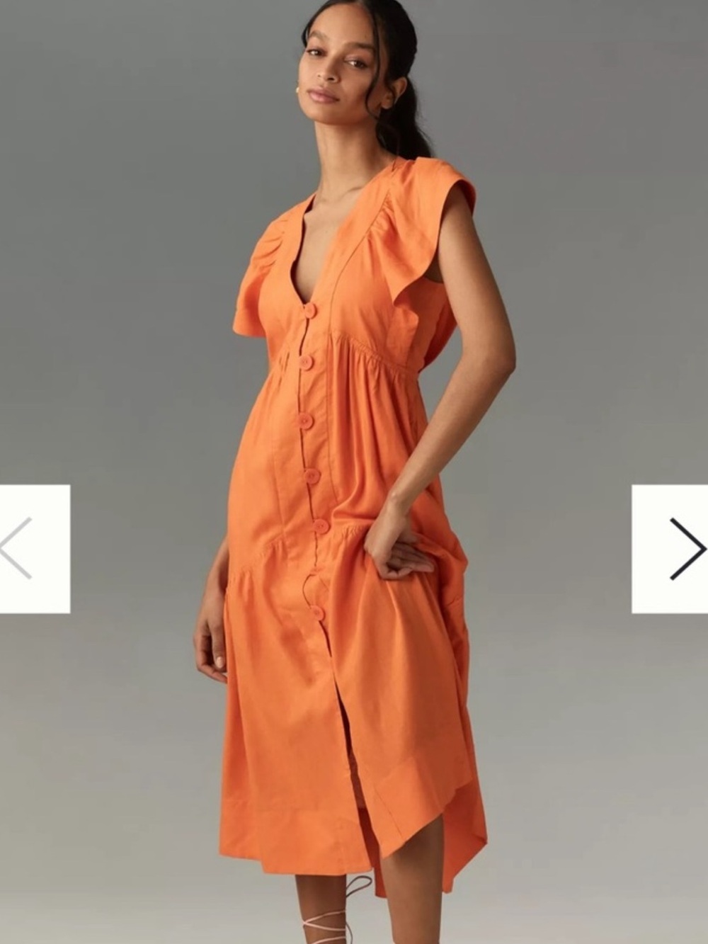 Women's Orange Button-Front Midi Dress with V-Neck